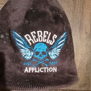 Affliction Beanie with Brim. Gray, teal, white colors. Intentionally faded
